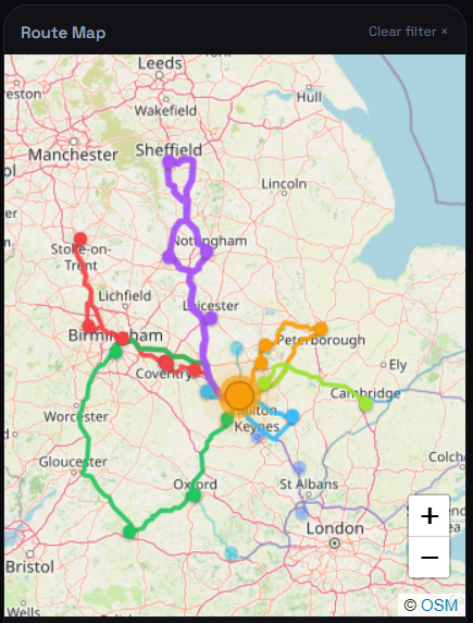 Six optimised routes radiating from the Northampton depot — each colour representing a different vehicle's road path